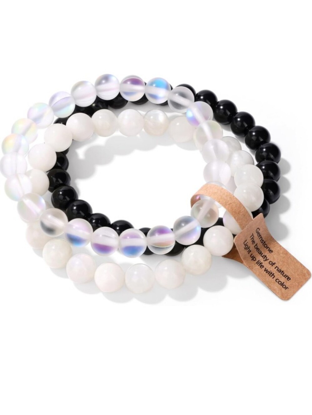 ​3Pc Artificial Moonstone Black Obsidian Beaded Bracelet Set Stack 8mm 19cm